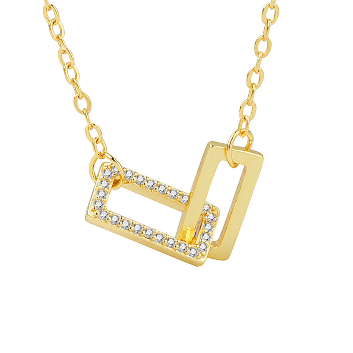 Cubic Zirconia & 18K Gold-Plated Interlocked Rectangle Pendant Necklace