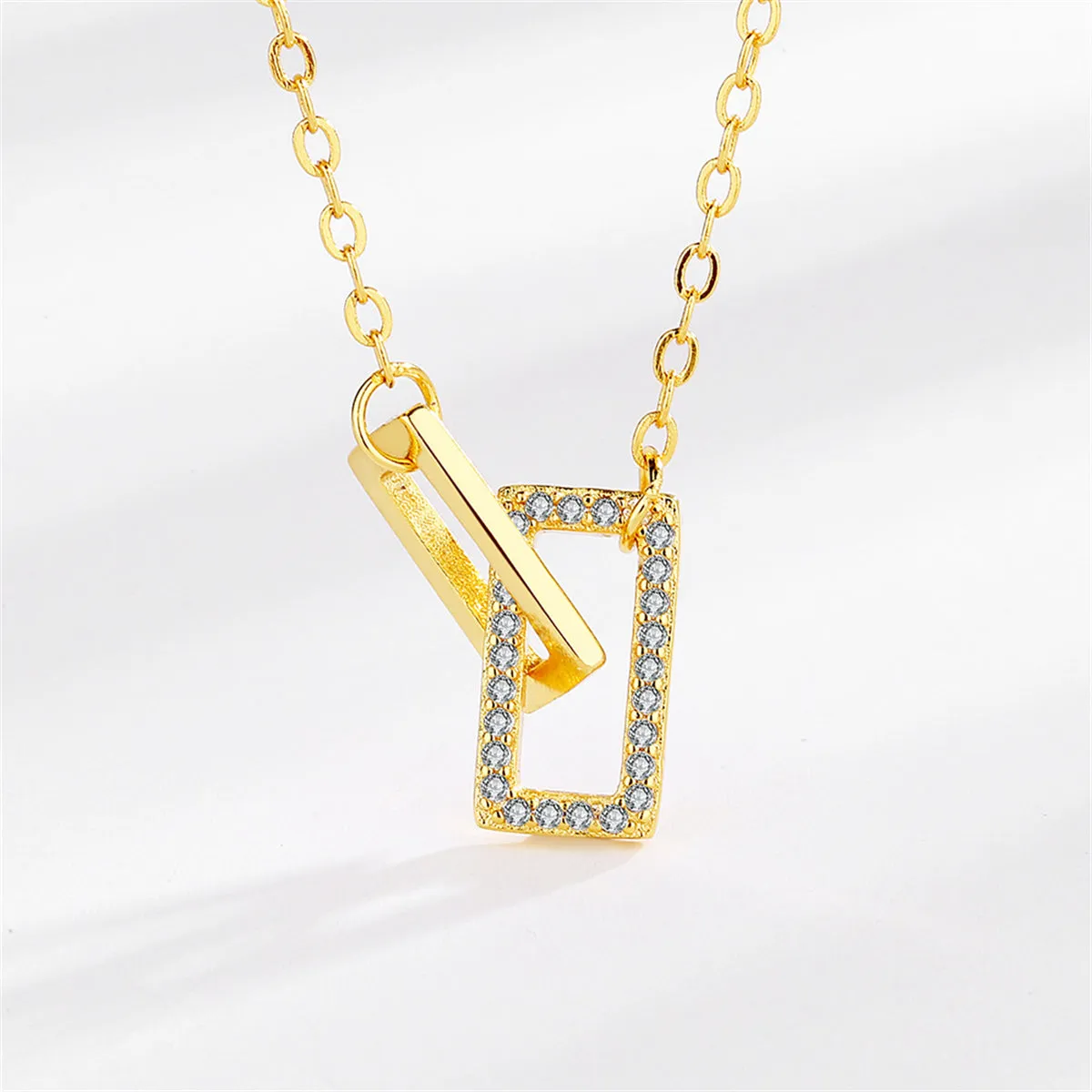 Cubic Zirconia & 18K Gold-Plated Interlocked Rectangle Pendant Necklace