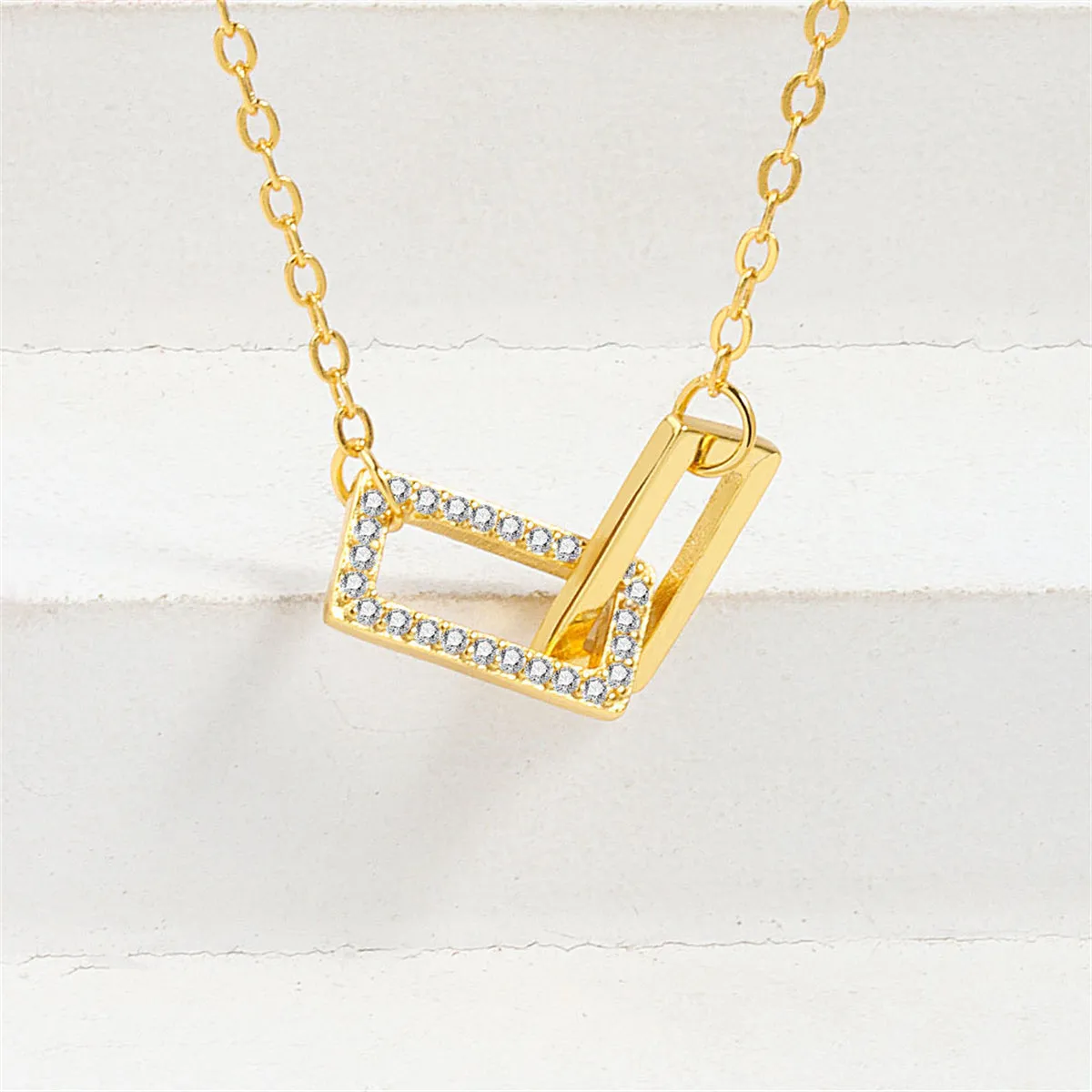 Cubic Zirconia & 18K Gold-Plated Interlocked Rectangle Pendant Necklace