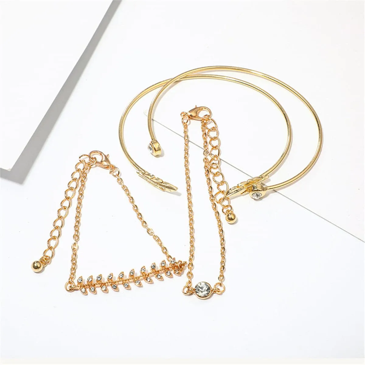 Cubic Zirconia & 18K Gold-Plated Leaf Charm Bracelet Set