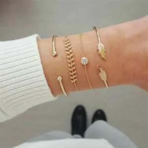 Cubic Zirconia & 18K Gold-Plated Leaf Charm Bracelet Set