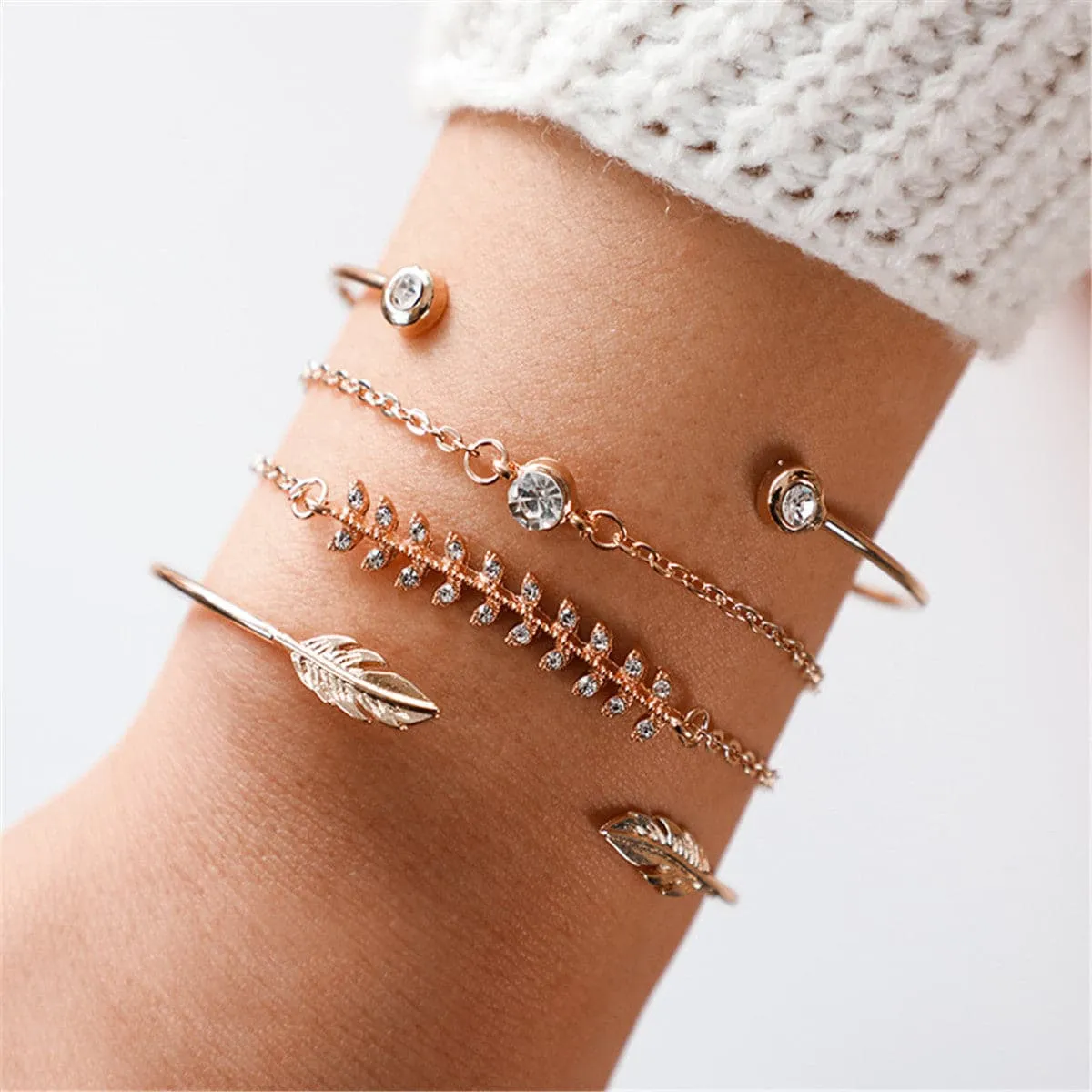 Cubic Zirconia & 18K Gold-Plated Leaf Charm Bracelet Set