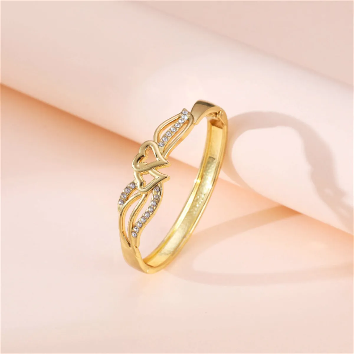 Cubic Zirconia & 18K Gold-Plated Leaves Stacked Heart Hinge Bangle