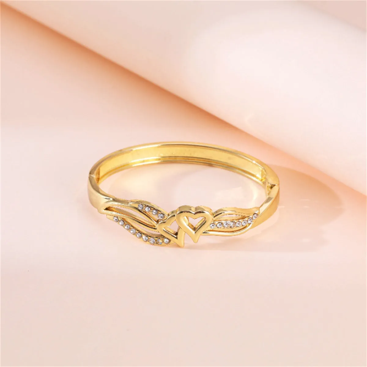 Cubic Zirconia & 18K Gold-Plated Leaves Stacked Heart Hinge Bangle