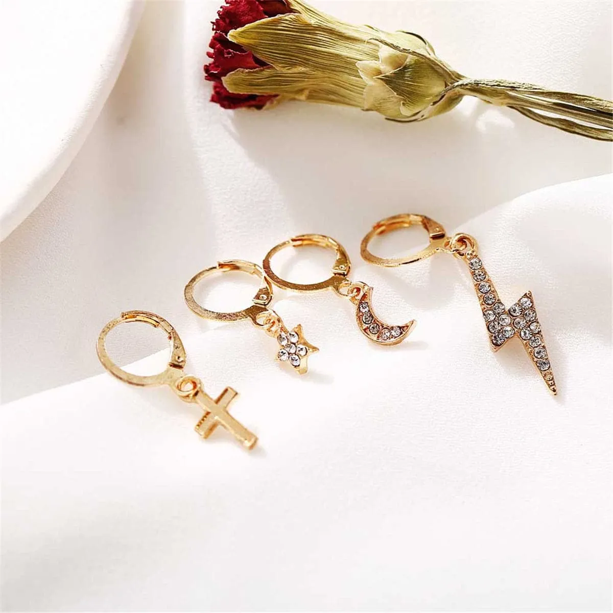 Cubic Zirconia & 18K Gold-Plated Lightning & Cross Drop Earrings Set