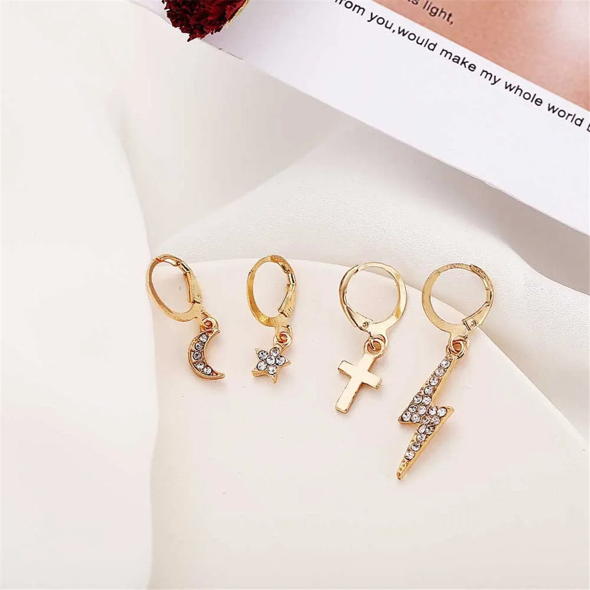 Cubic Zirconia & 18K Gold-Plated Lightning & Cross Drop Earrings Set
