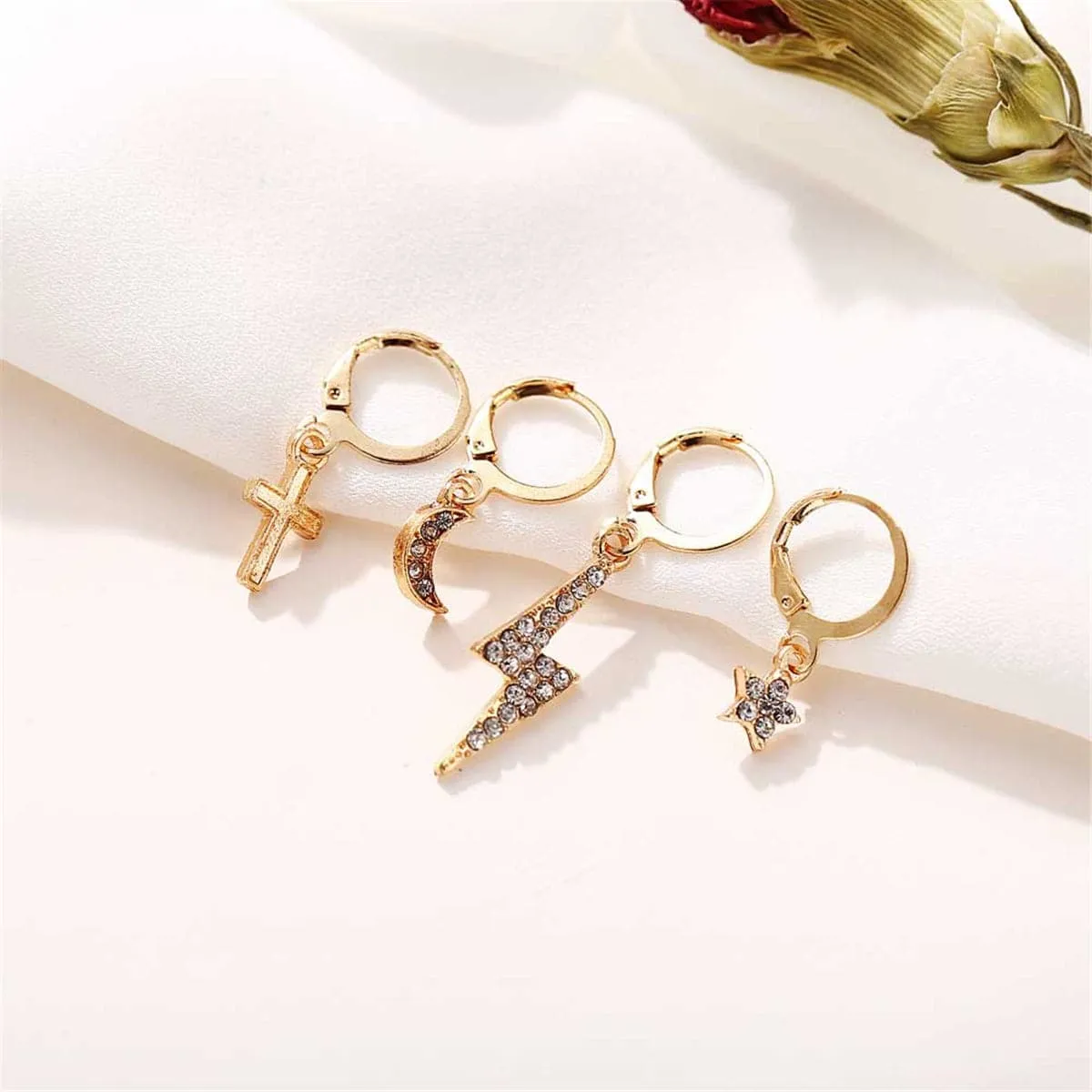 Cubic Zirconia & 18K Gold-Plated Lightning & Cross Drop Earrings Set