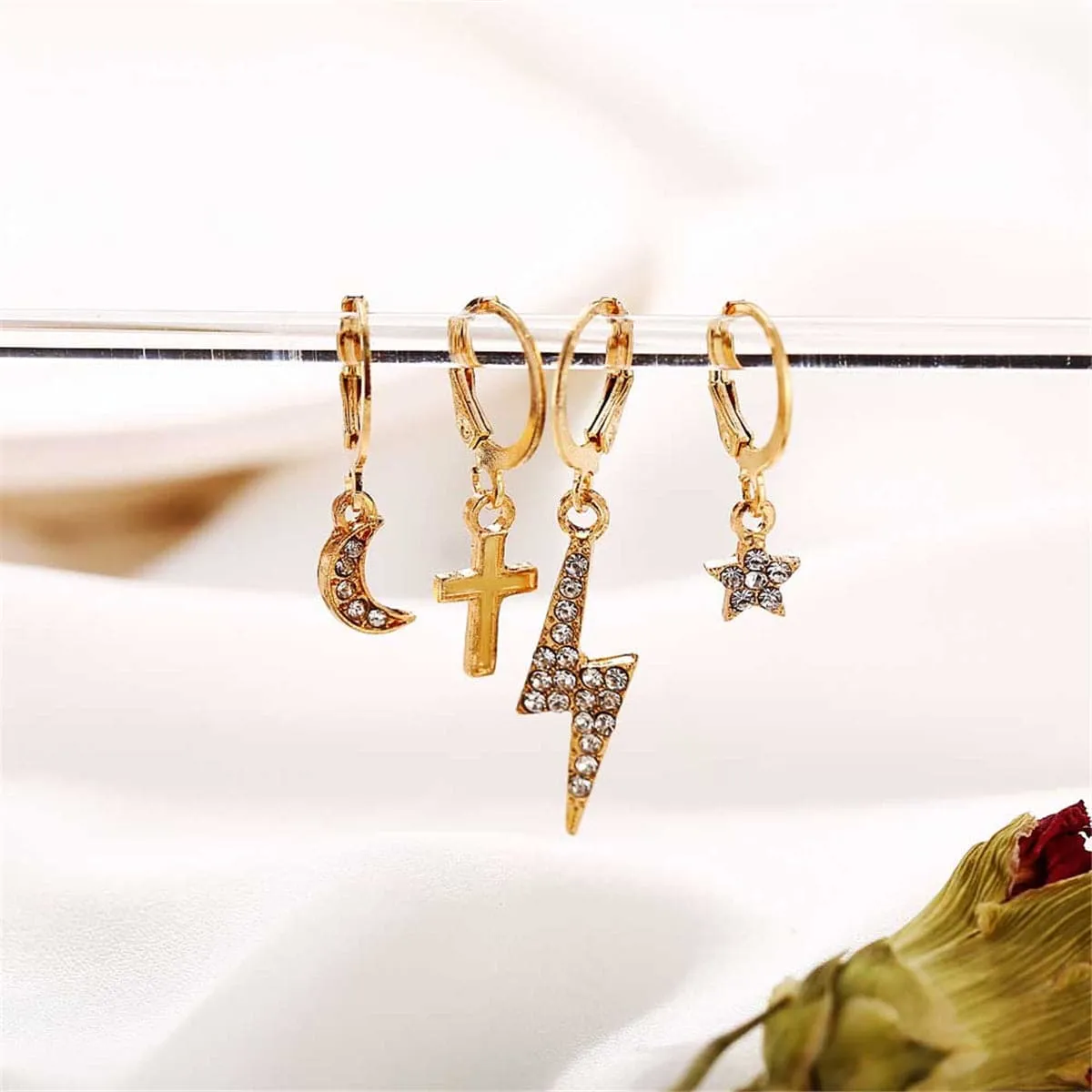 Cubic Zirconia & 18K Gold-Plated Lightning & Cross Drop Earrings Set