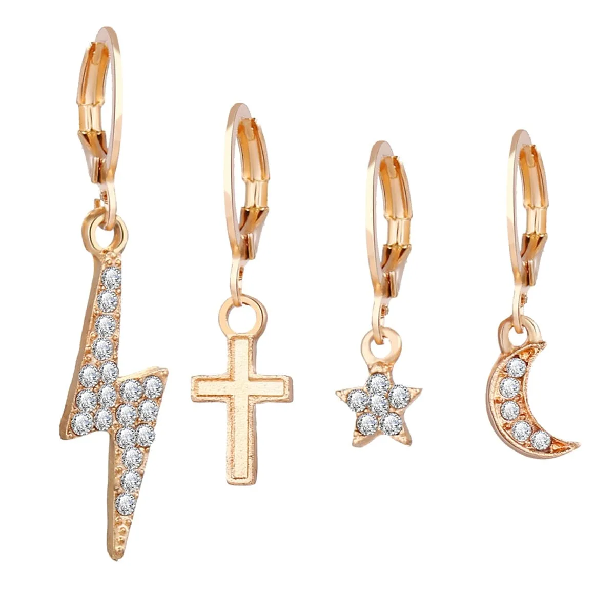 Cubic Zirconia & 18K Gold-Plated Lightning & Cross Drop Earrings Set