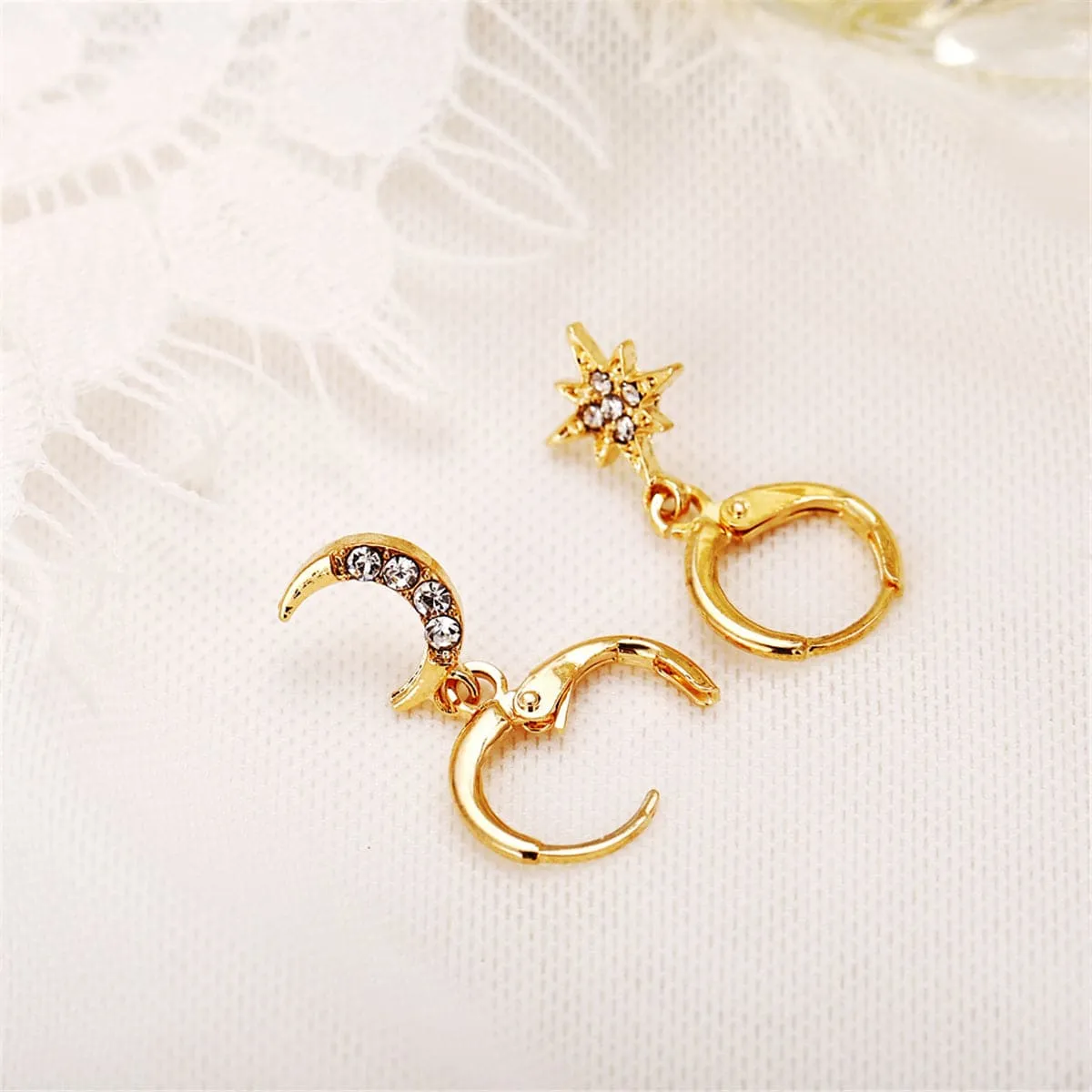 Cubic Zirconia & 18K Gold-Plated Moon & Star Drop Earrings