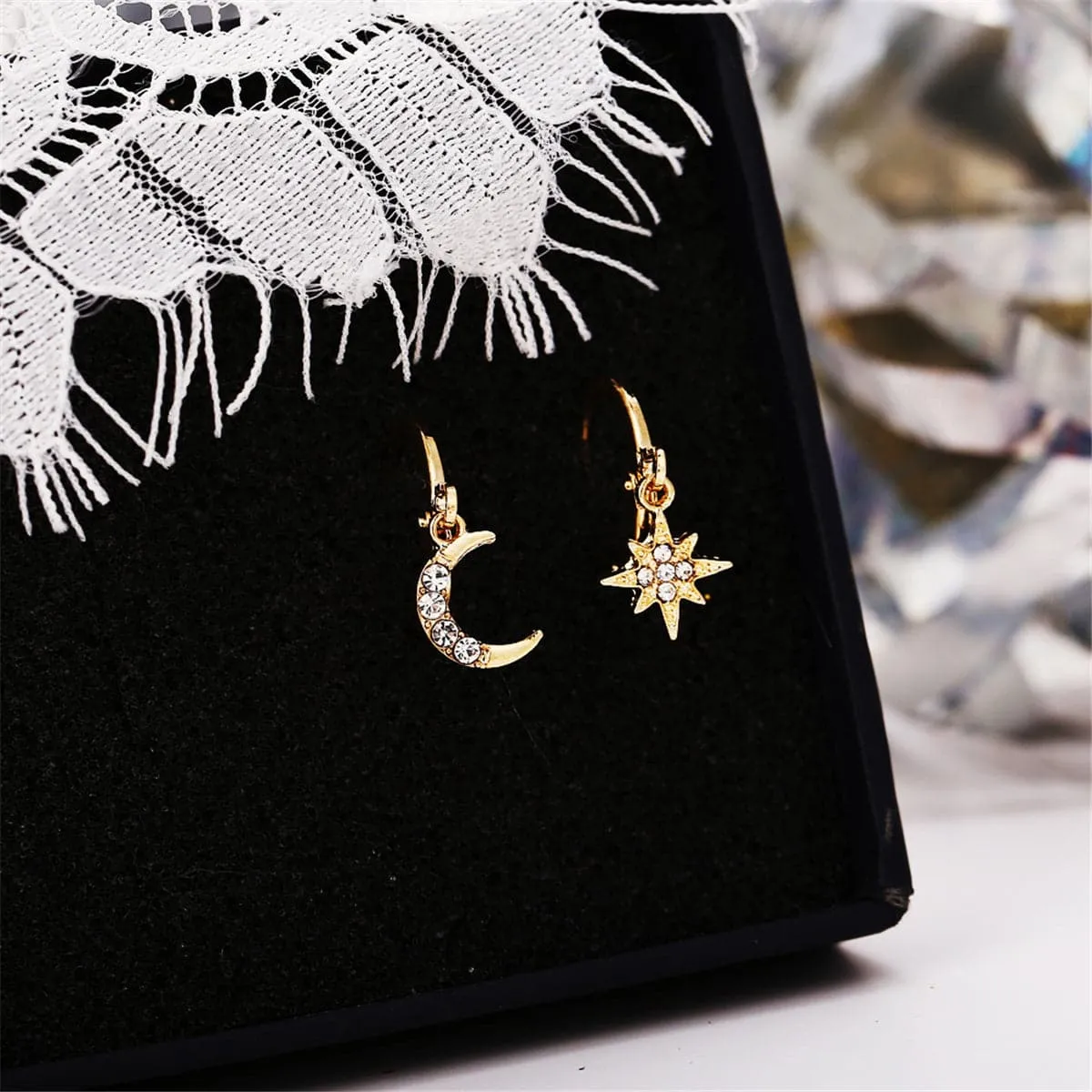 Cubic Zirconia & 18K Gold-Plated Moon & Star Drop Earrings
