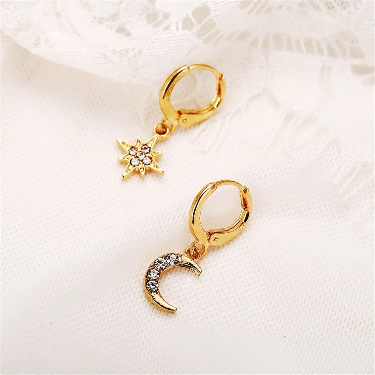 Cubic Zirconia & 18K Gold-Plated Moon & Star Drop Earrings