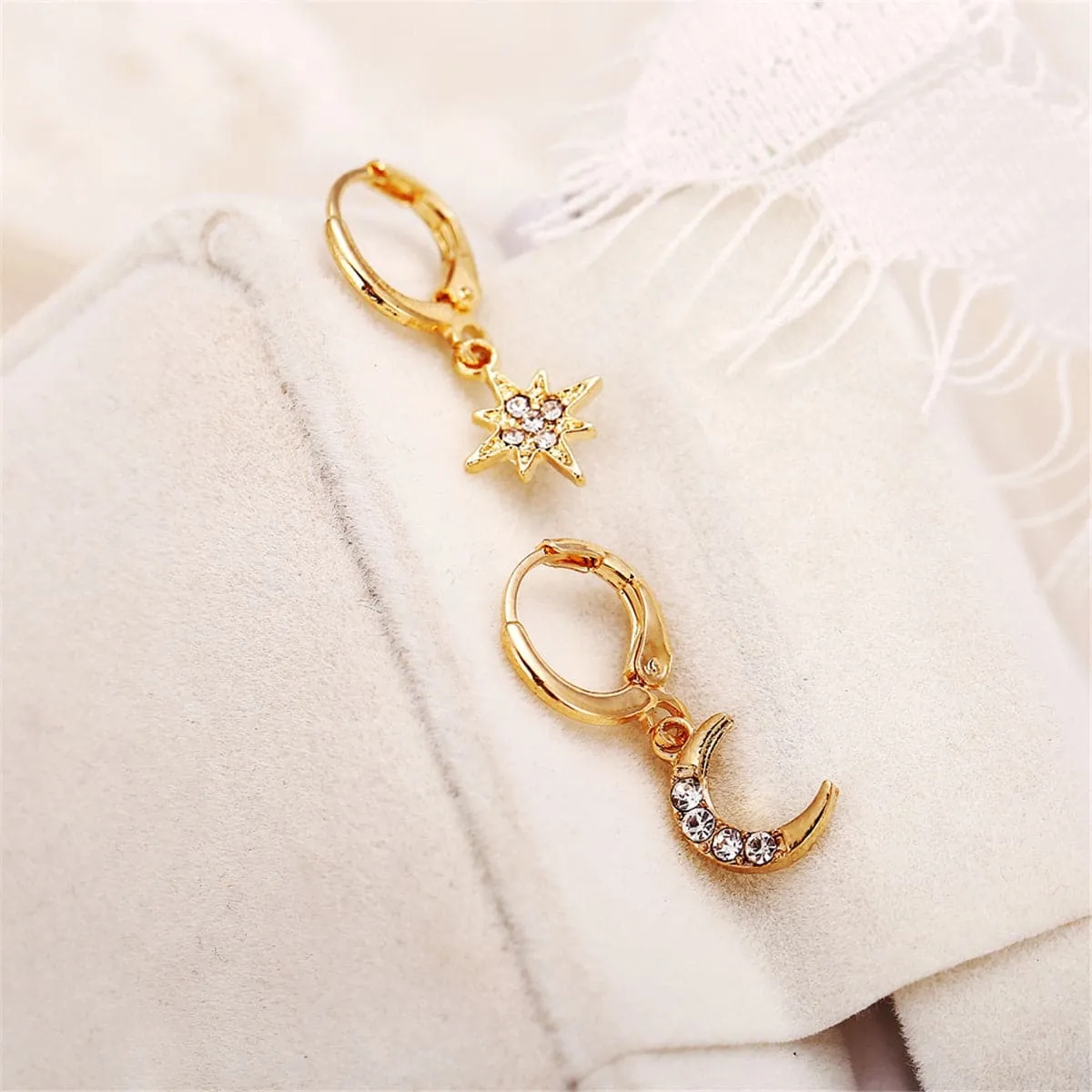 Cubic Zirconia & 18K Gold-Plated Moon & Star Drop Earrings