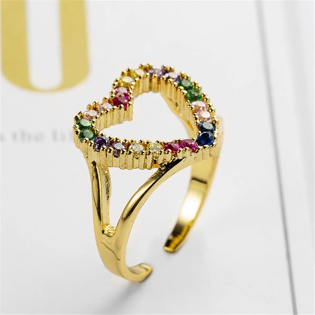 Cubic Zirconia & 18K Gold-Plated Open Heart Ring