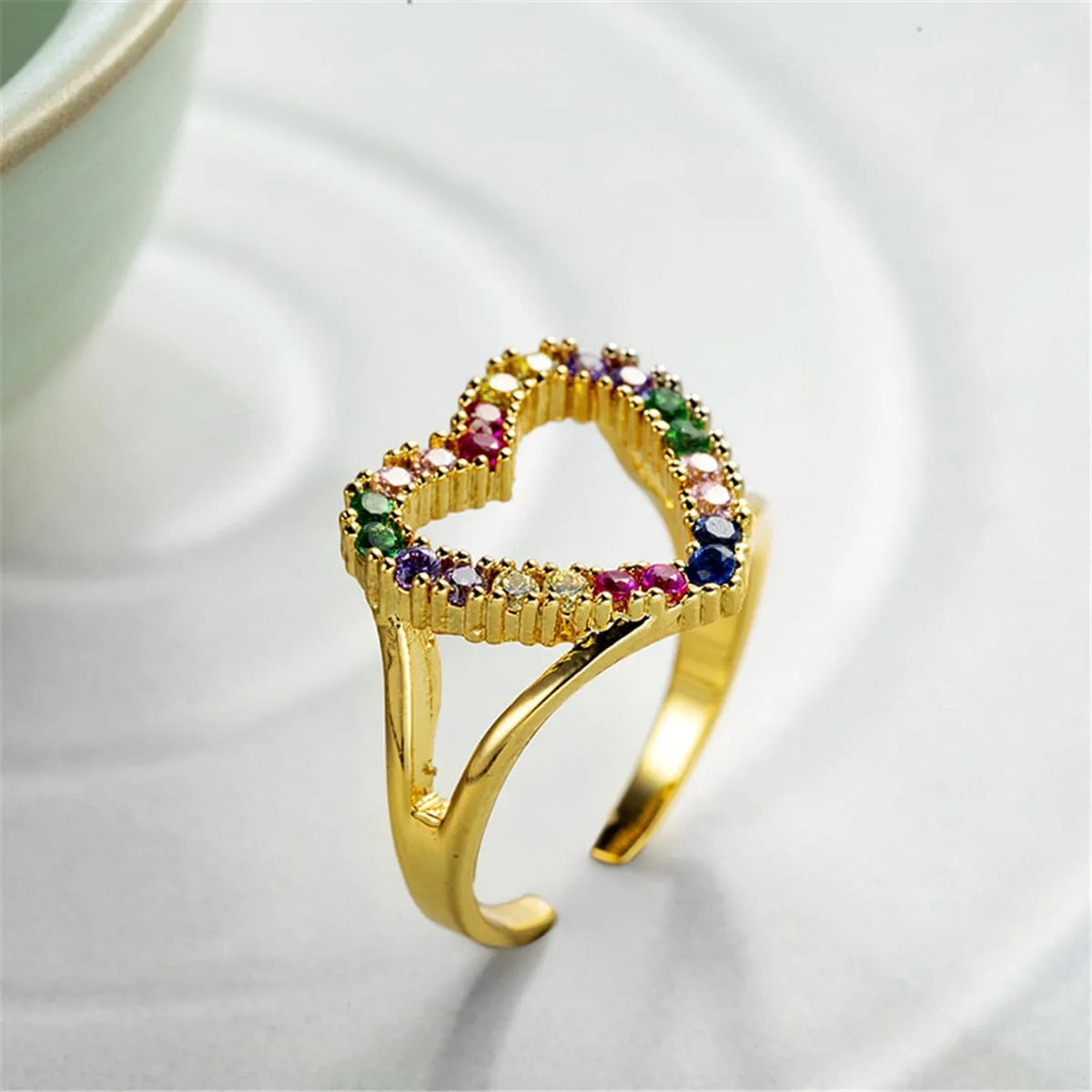Cubic Zirconia & 18K Gold-Plated Open Heart Ring