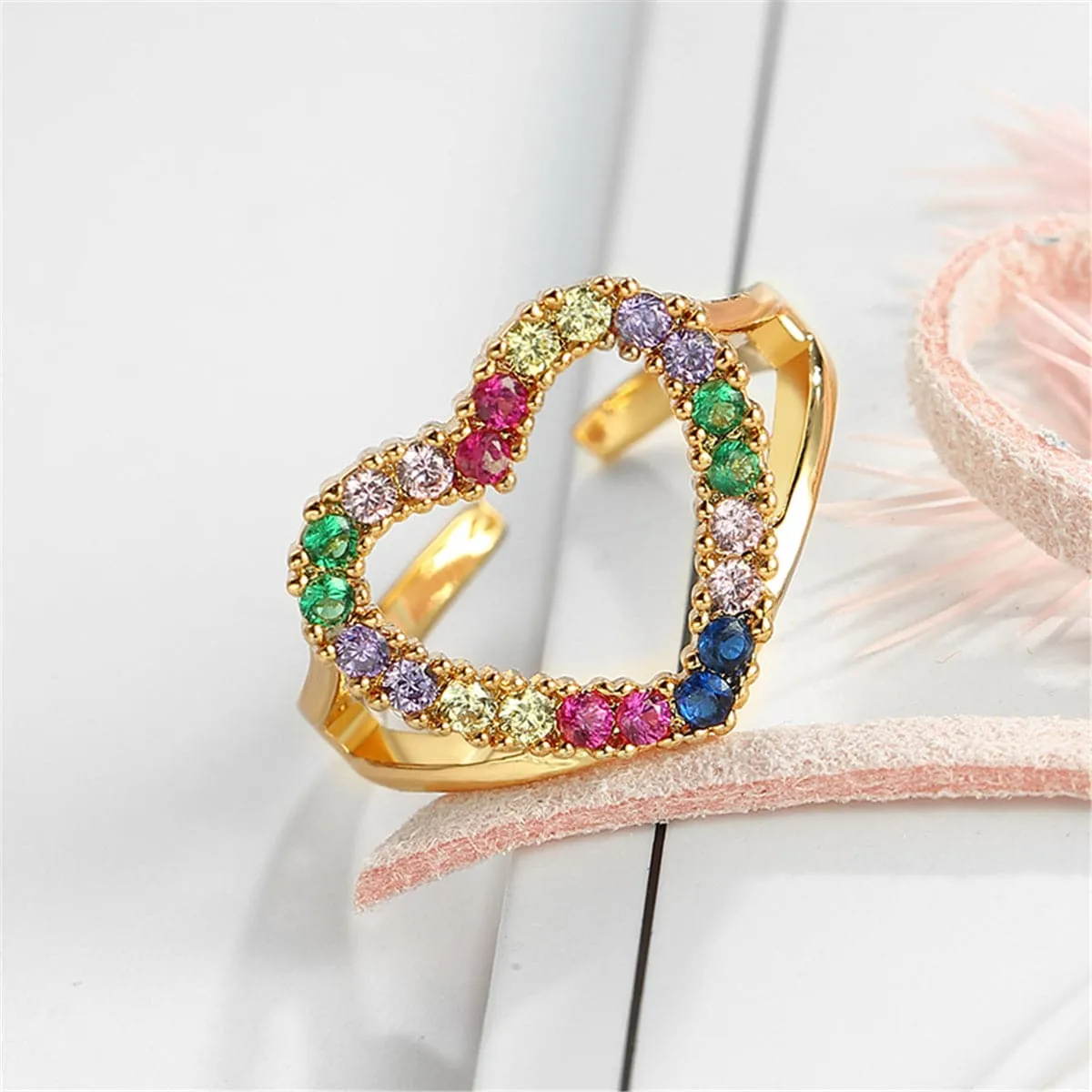 Cubic Zirconia & 18K Gold-Plated Open Heart Ring