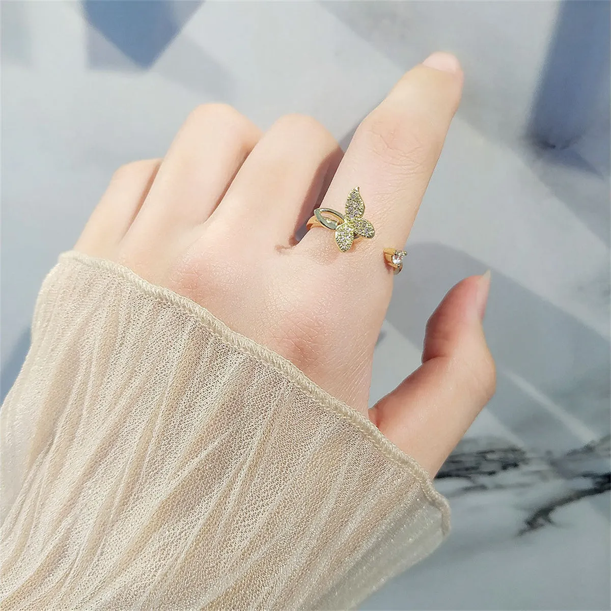 Cubic Zirconia & 18K Gold-Plated Rotating Butterfly Open Ring