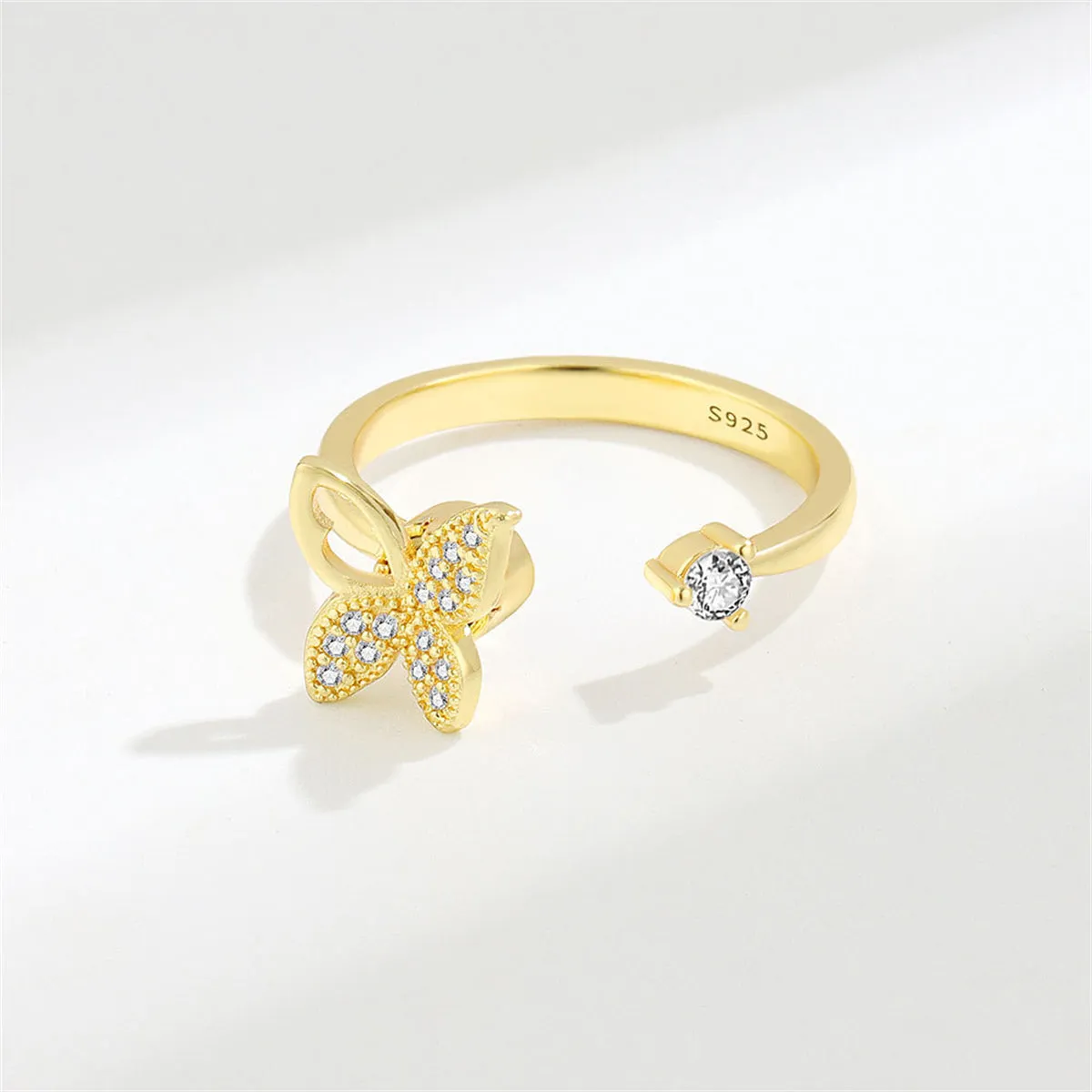 Cubic Zirconia & 18K Gold-Plated Rotating Butterfly Open Ring