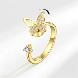 Cubic Zirconia & 18K Gold-Plated Rotating Butterfly Open Ring