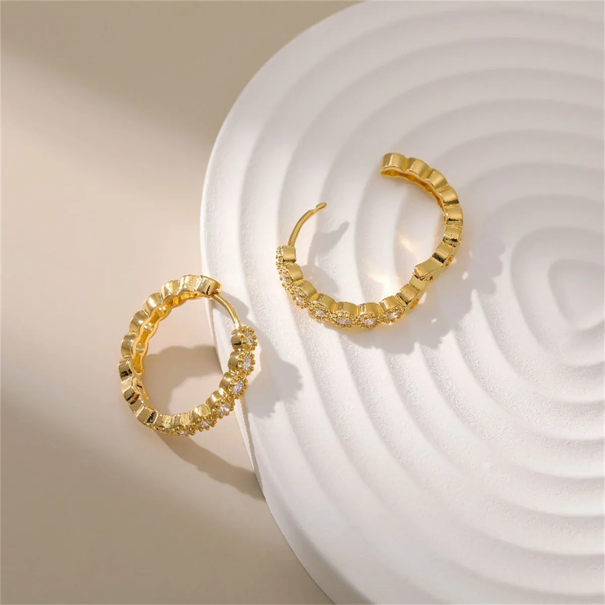 Cubic Zirconia & 18K Gold-Plated Round-Cut Bezel Wave Huggie Earrings