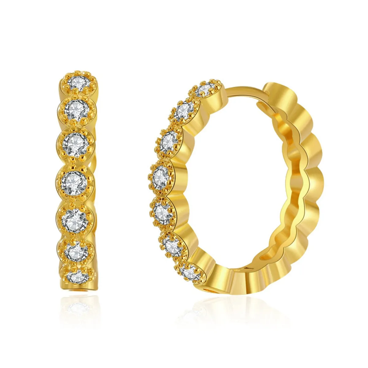 Cubic Zirconia & 18K Gold-Plated Round-Cut Bezel Wave Huggie Earrings