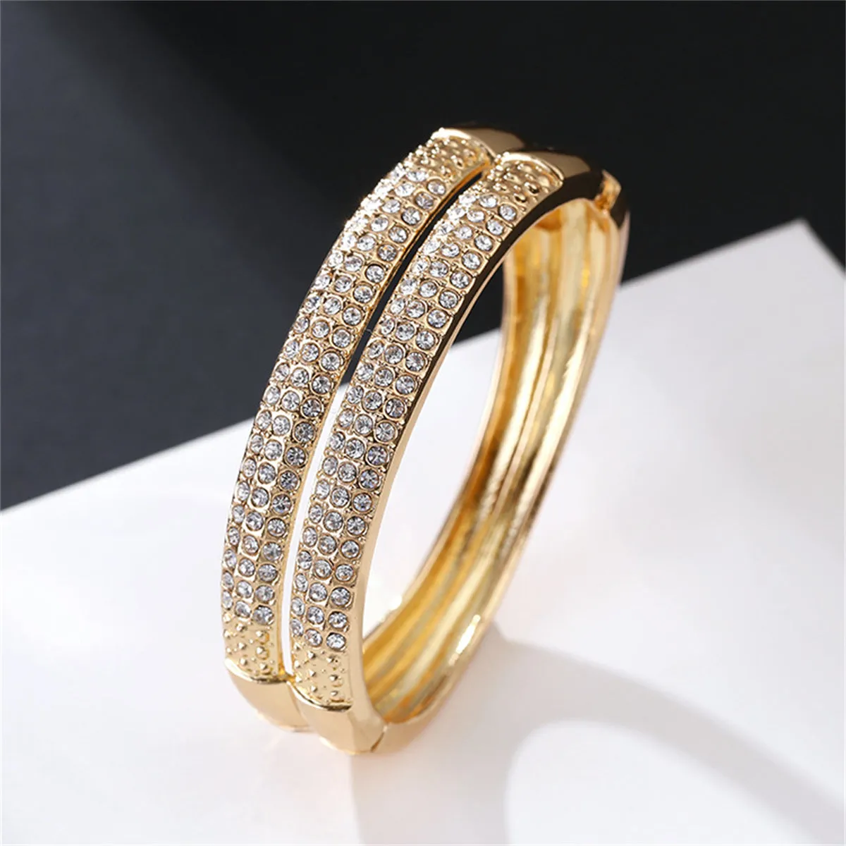 Cubic Zirconia & 18K Gold-Plated Stacked Bangle