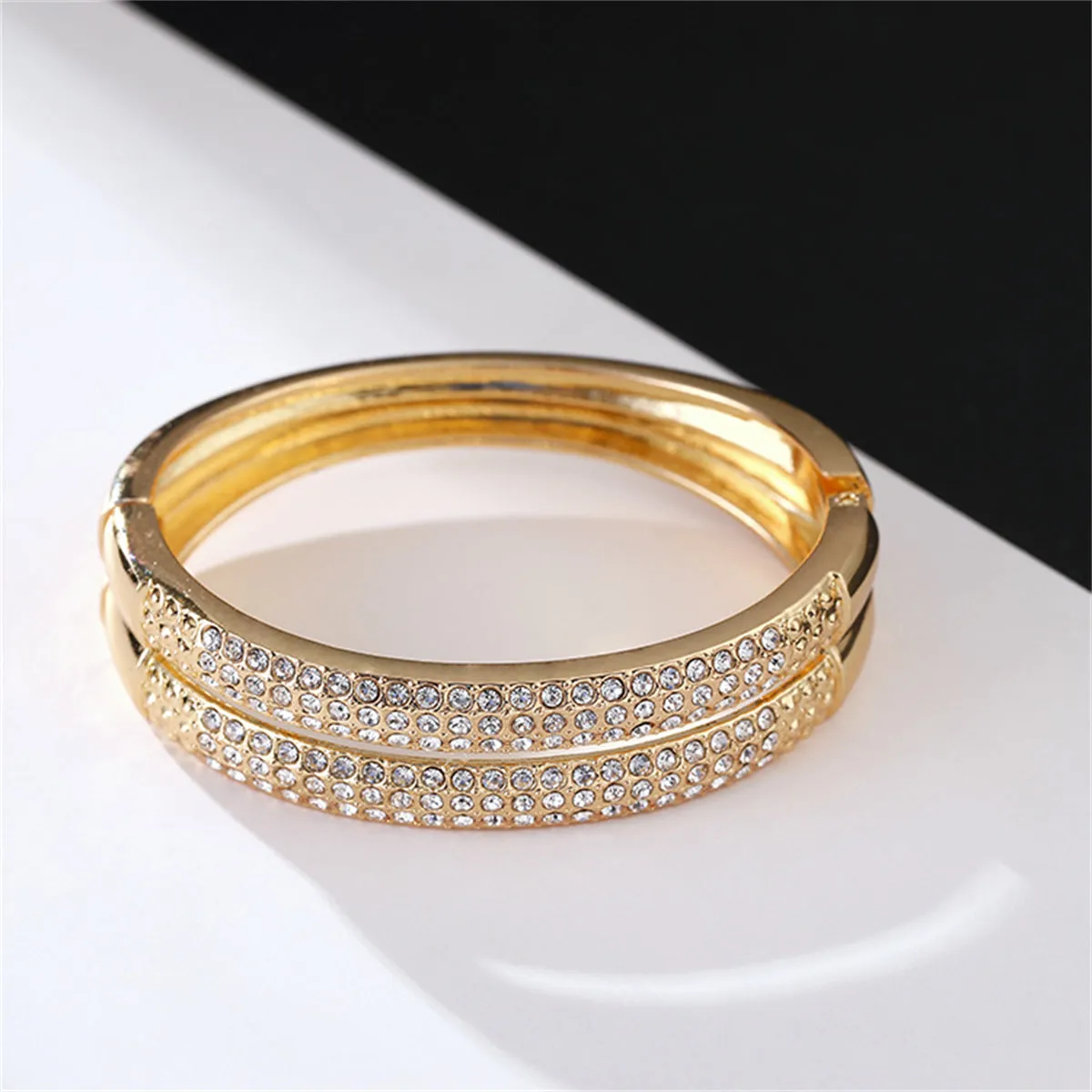 Cubic Zirconia & 18K Gold-Plated Stacked Bangle