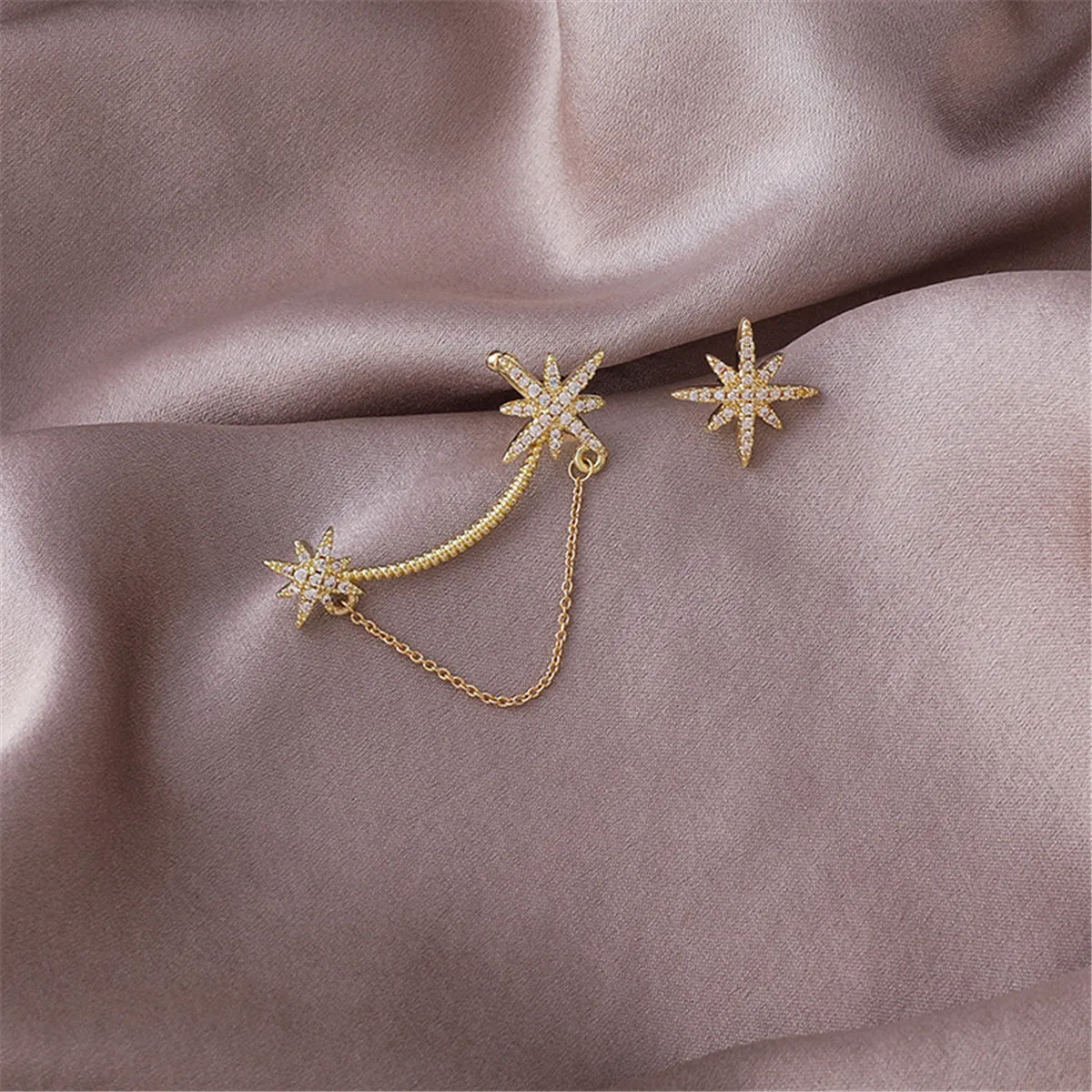Cubic Zirconia & 18K Gold-Plated Star Ear Climber Set