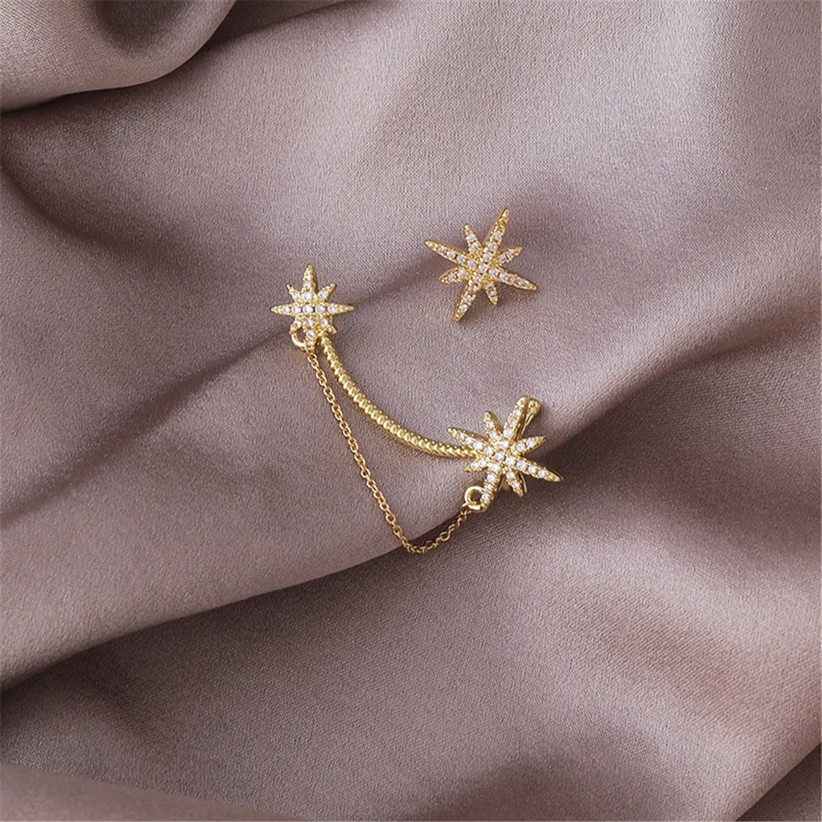 Cubic Zirconia & 18K Gold-Plated Star Ear Climber Set