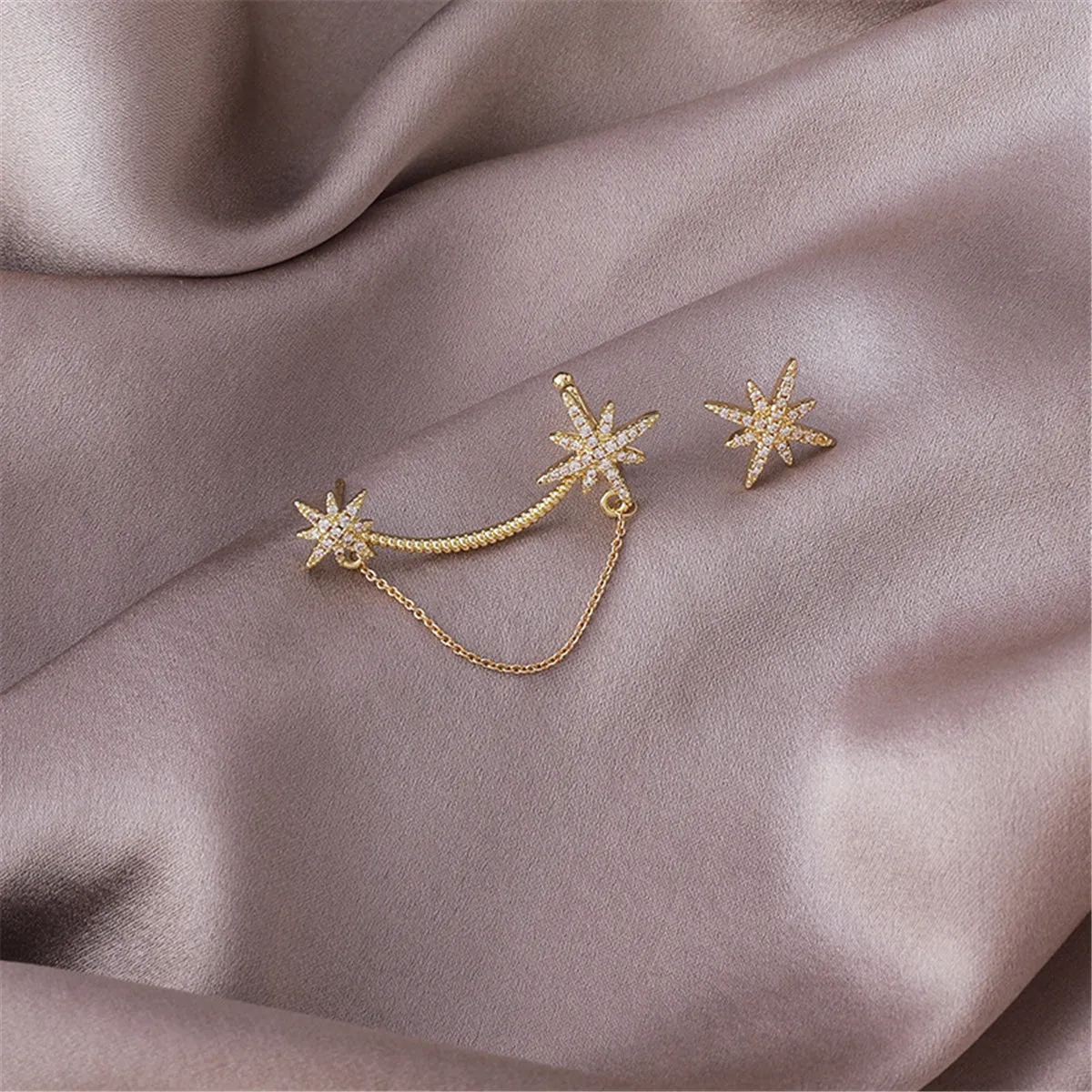 Cubic Zirconia & 18K Gold-Plated Star Ear Climber Set