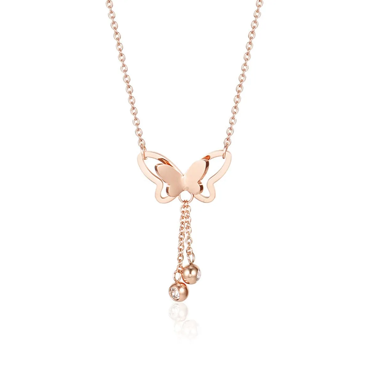 Cubic Zirconia & 18K Rose Gold-Plated Butterfly Tassel Pendant Necklace