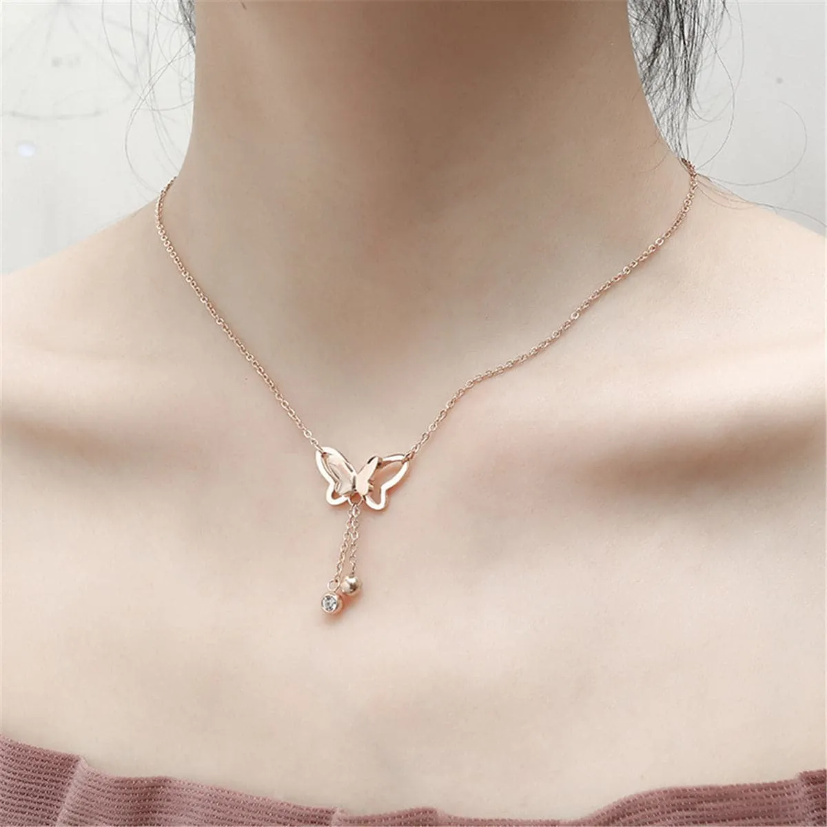 Cubic Zirconia & 18K Rose Gold-Plated Butterfly Tassel Pendant Necklace