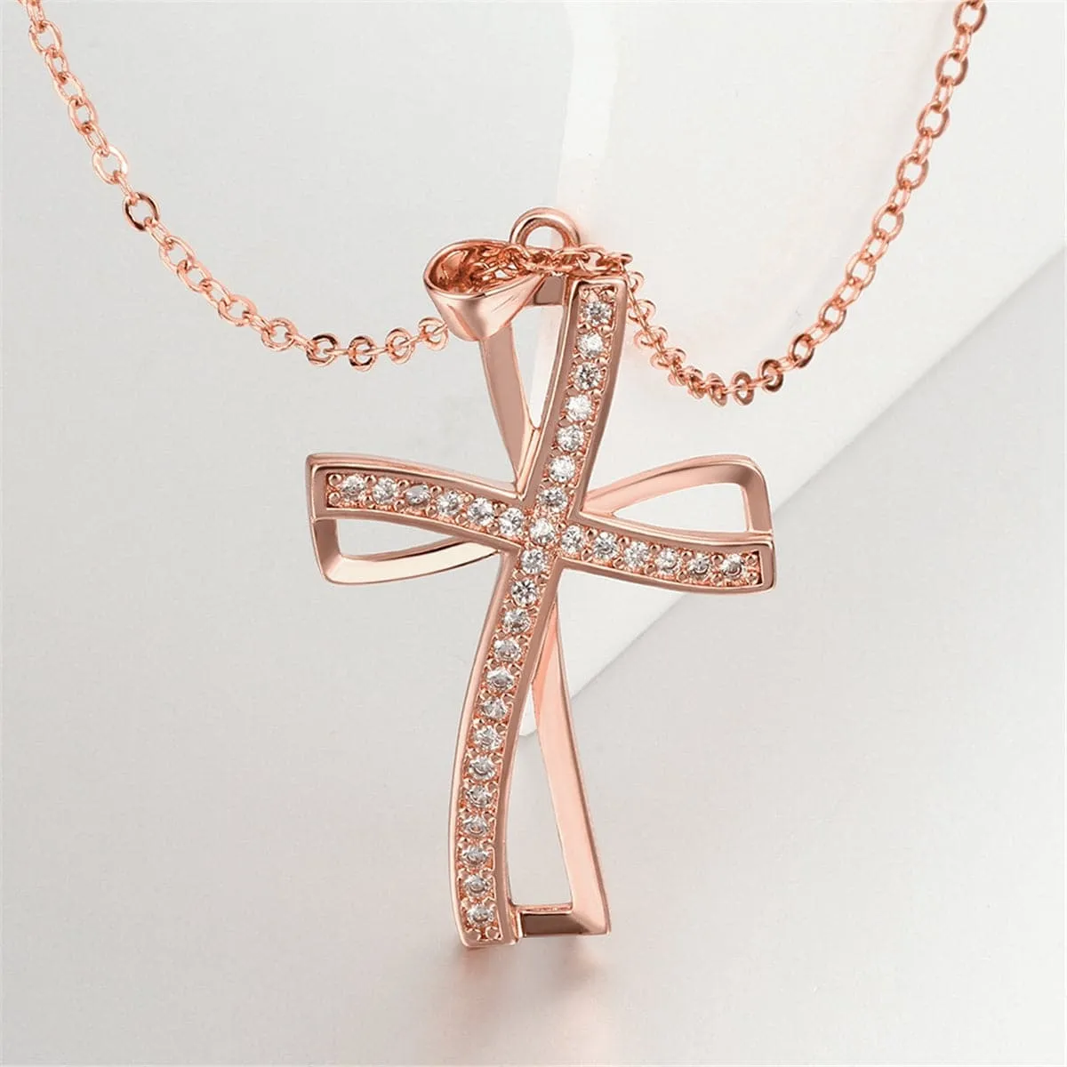 Cubic Zirconia & 18K Rose Gold-Plated Cross Pendant Necklace