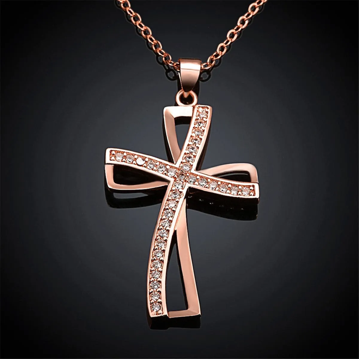 Cubic Zirconia & 18K Rose Gold-Plated Cross Pendant Necklace