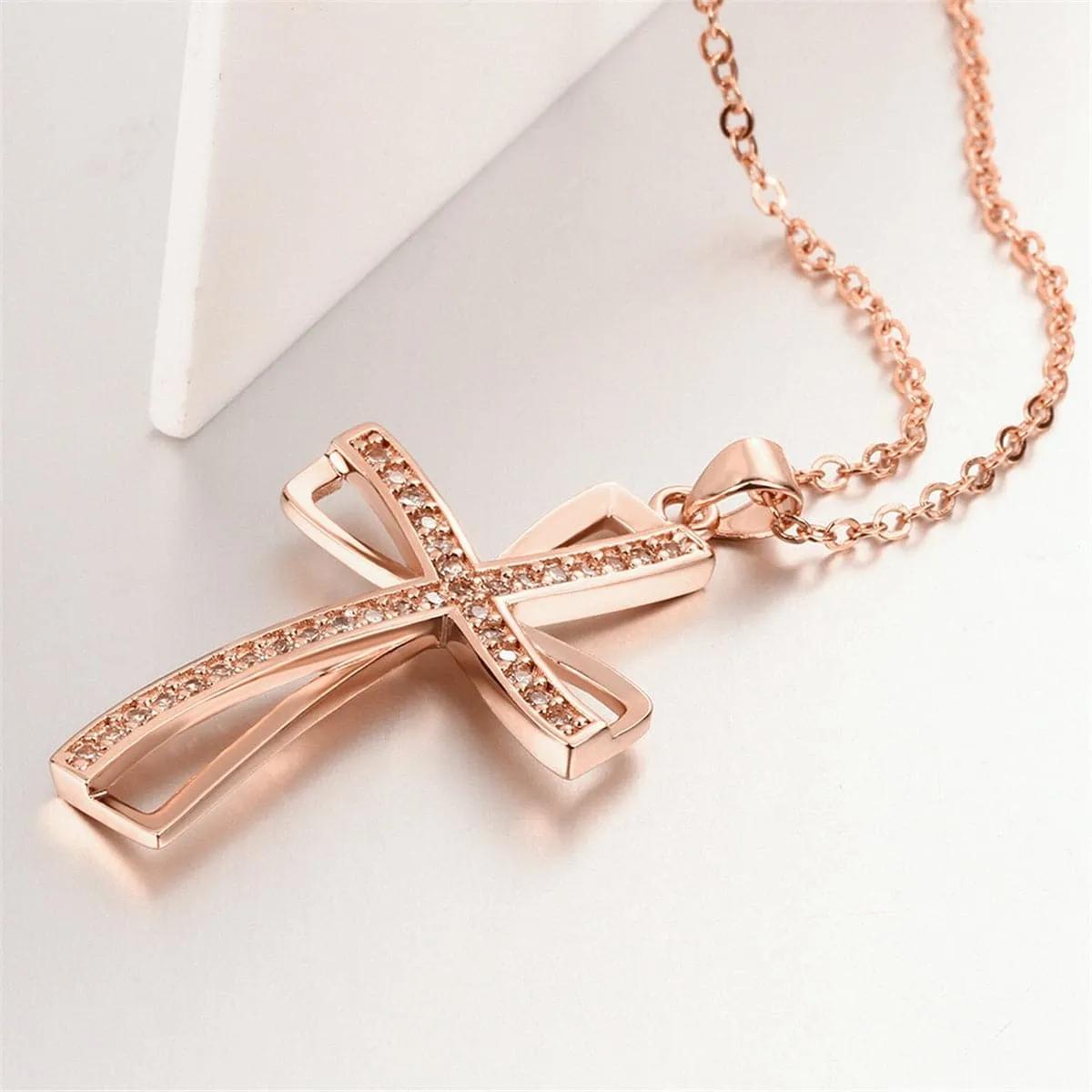 Cubic Zirconia & 18K Rose Gold-Plated Cross Pendant Necklace