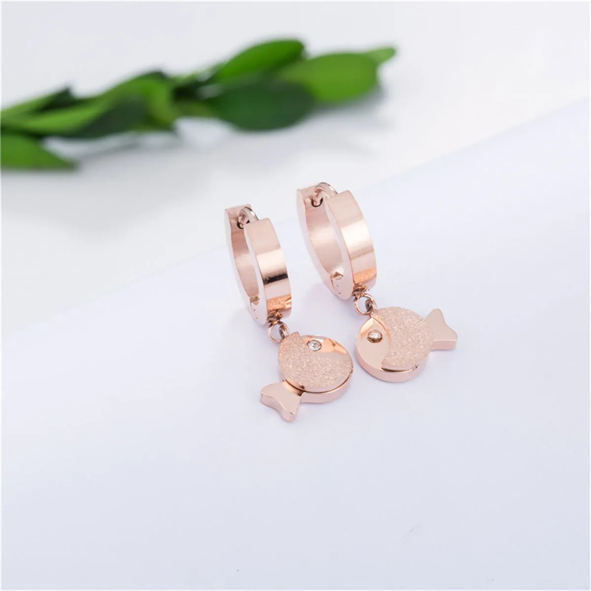 Cubic Zirconia & 18K Rose Gold-Plated Frosted Fish Huggie Earring
