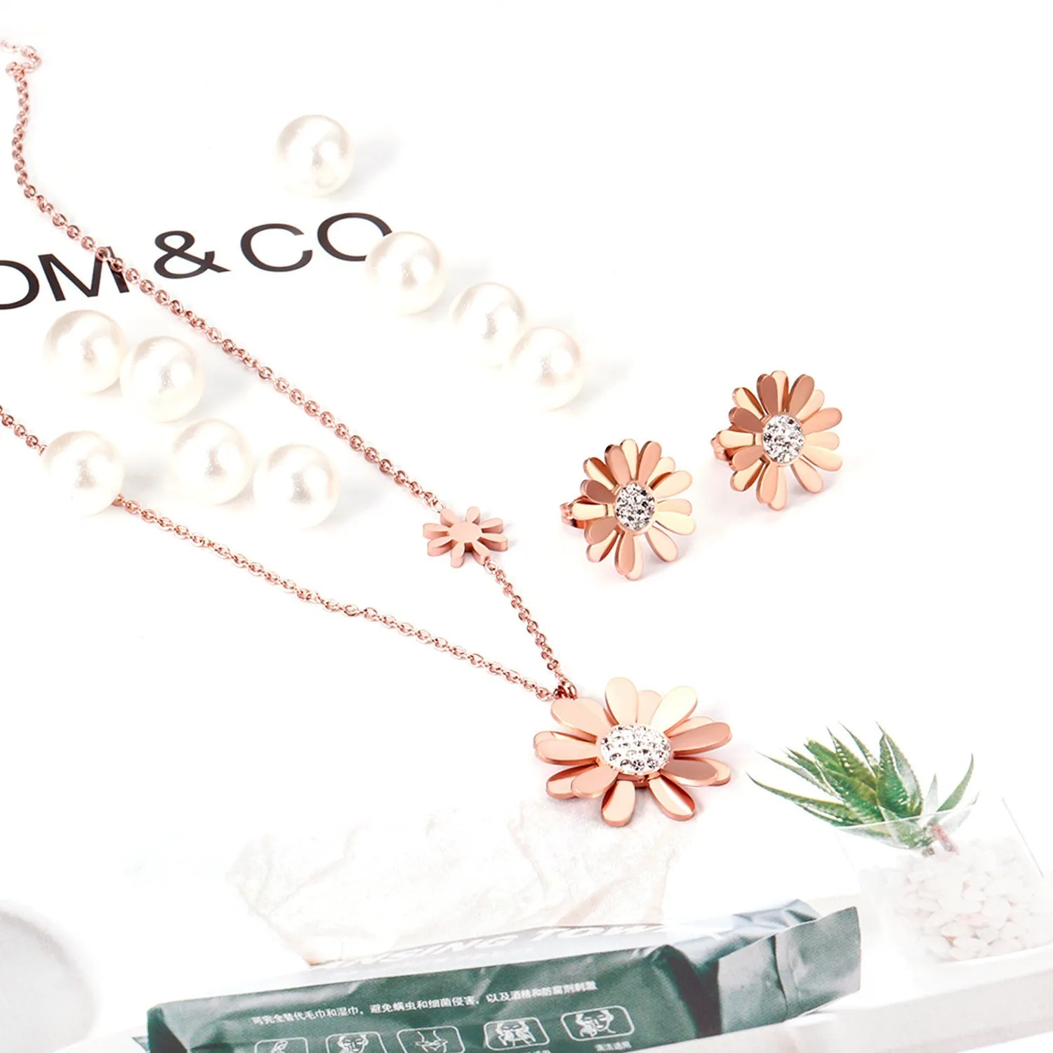 Cubic Zirconia & 18K Rose Gold-Plated Mum Stud Earrings & Pendant Necklace