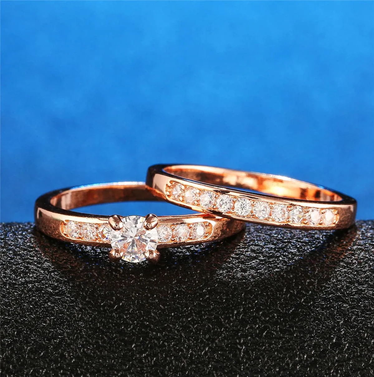 Cubic Zirconia & 18K Rose Gold-Plated Ring Set