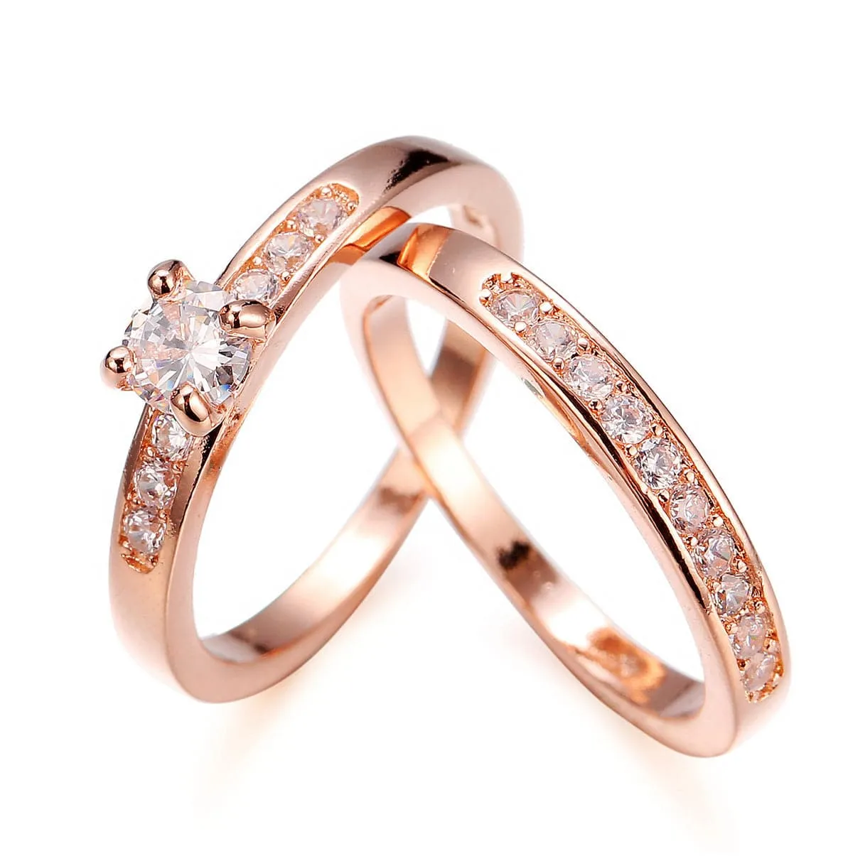 Cubic Zirconia & 18K Rose Gold-Plated Ring Set