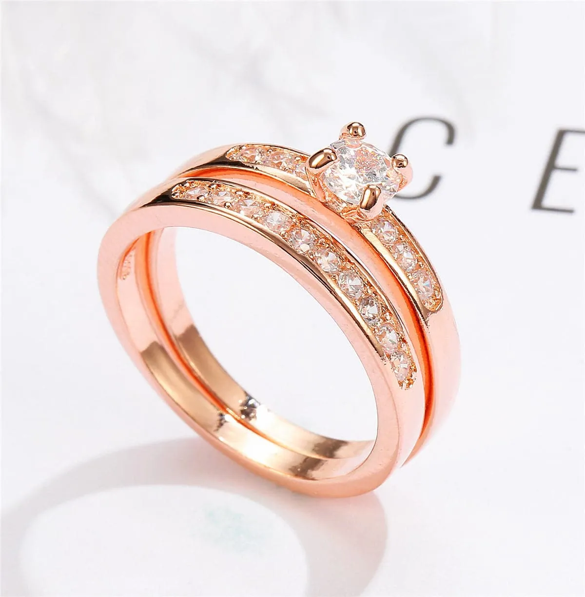 Cubic Zirconia & 18K Rose Gold-Plated Ring Set