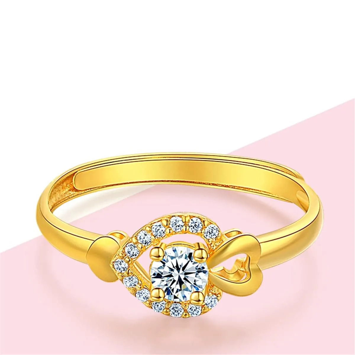 Cubic Zirconia & 24K Gold-Plated Heart Adjustable Ring