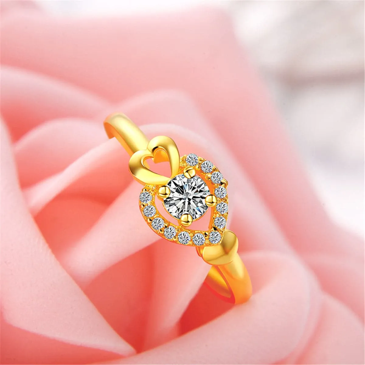 Cubic Zirconia & 24K Gold-Plated Heart Adjustable Ring