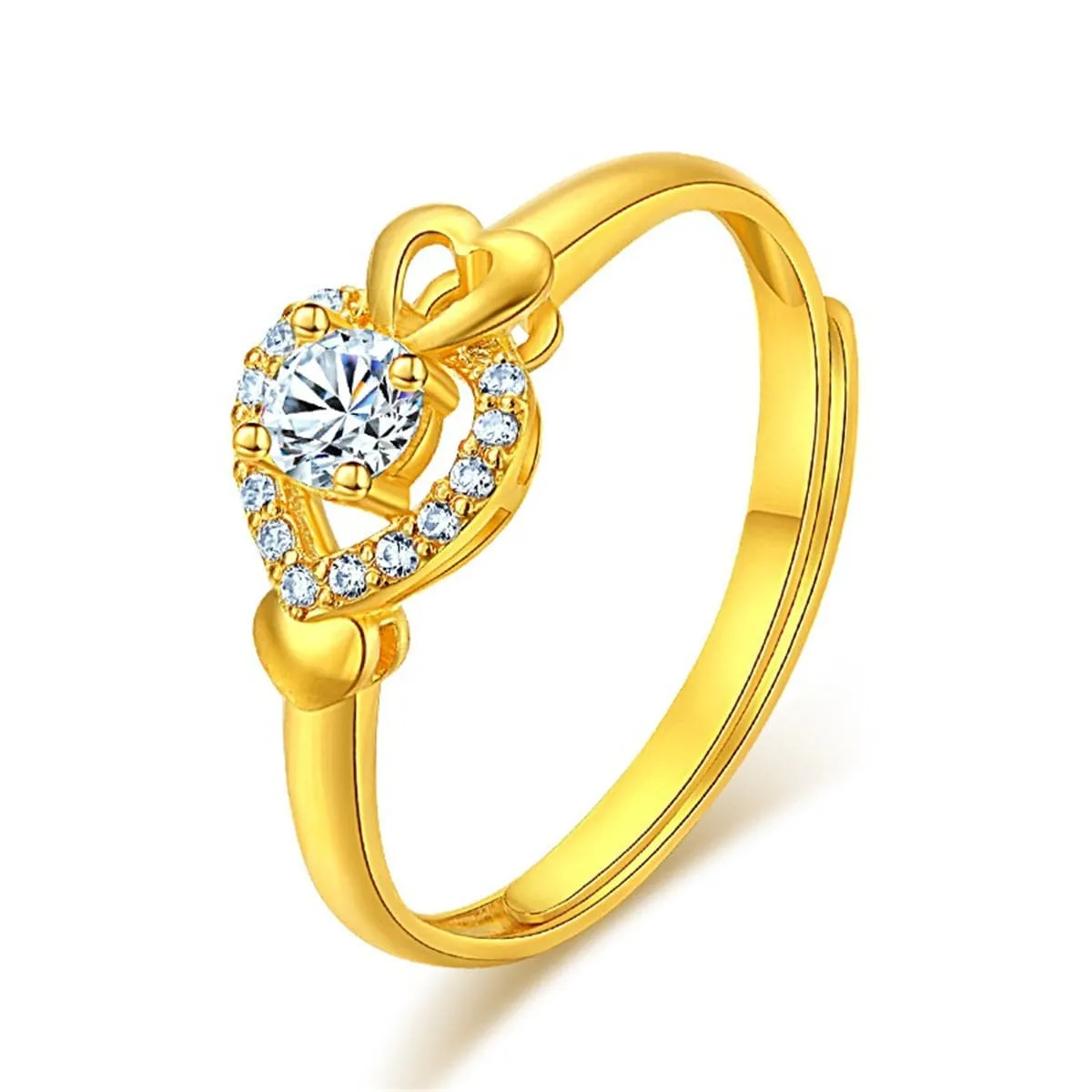 Cubic Zirconia & 24K Gold-Plated Heart Adjustable Ring