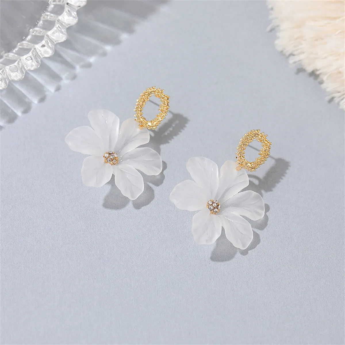 Cubic Zirconia & Acrylic 18K Gold-Plated Flower Drop Earrings