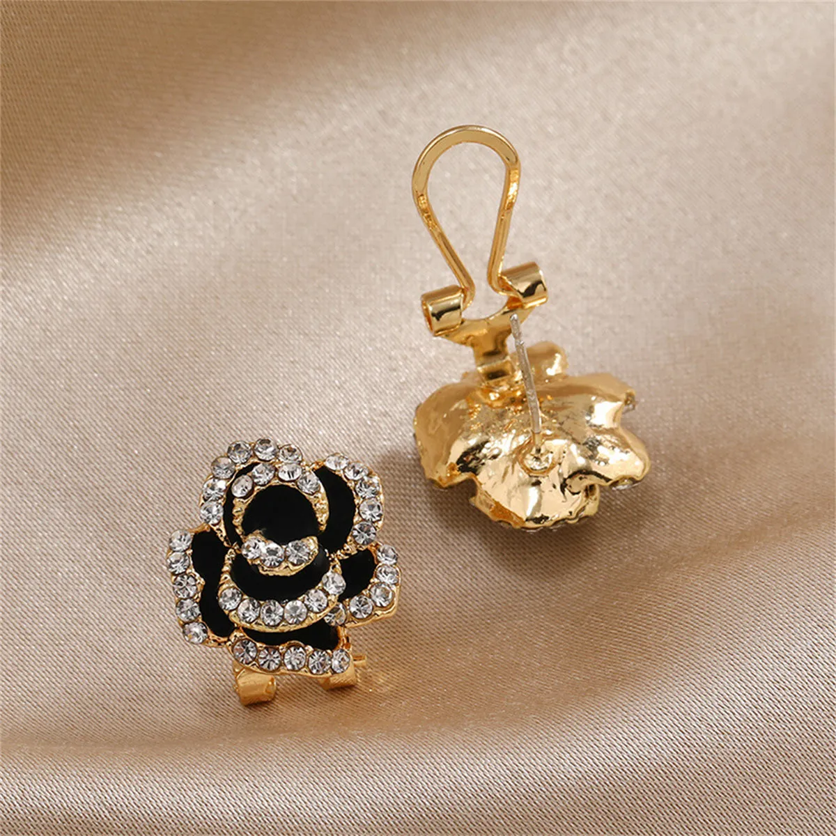 Cubic Zirconia & Black Enamel 18K Gold-Plated Peony Huggie Earrings