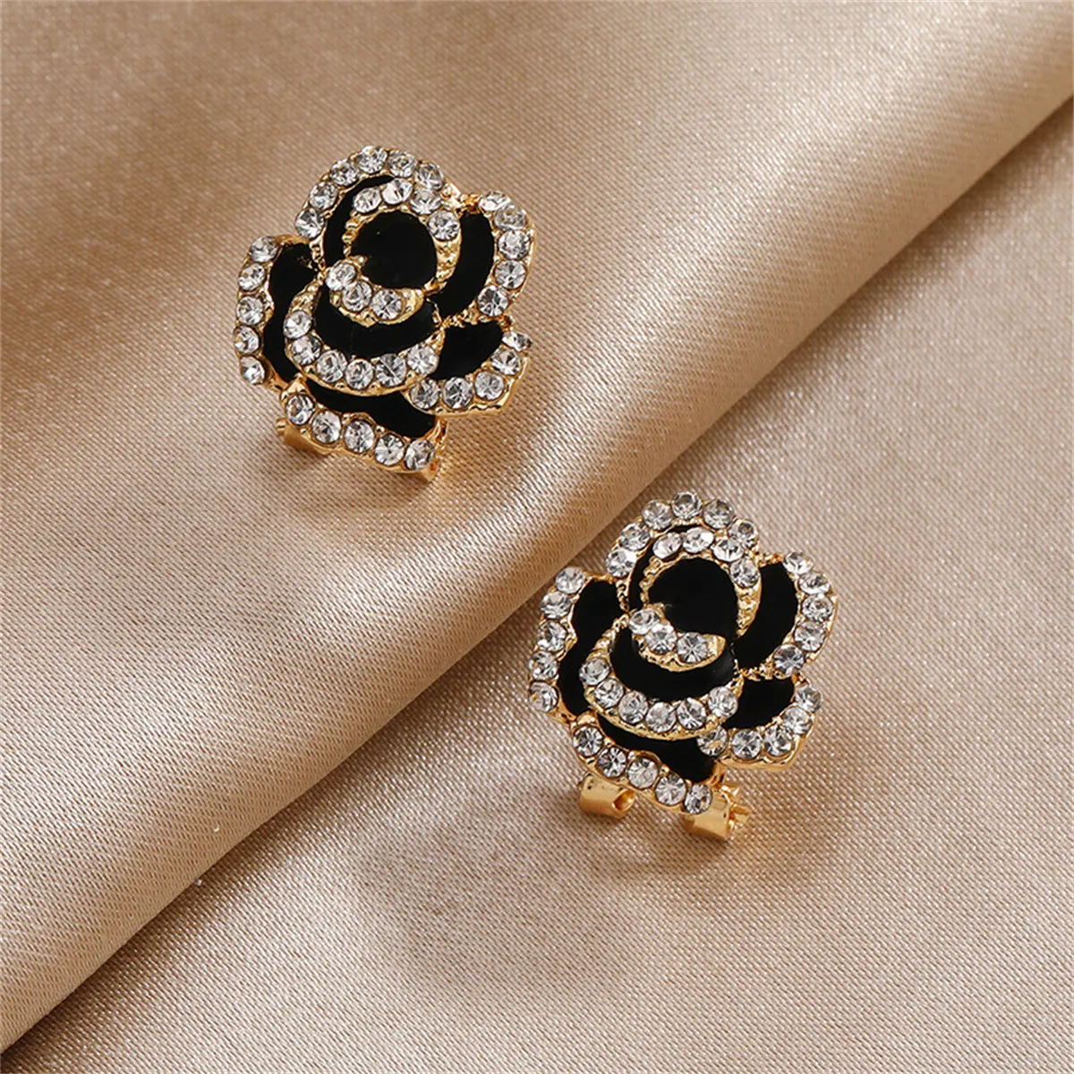 Cubic Zirconia & Black Enamel 18K Gold-Plated Peony Huggie Earrings