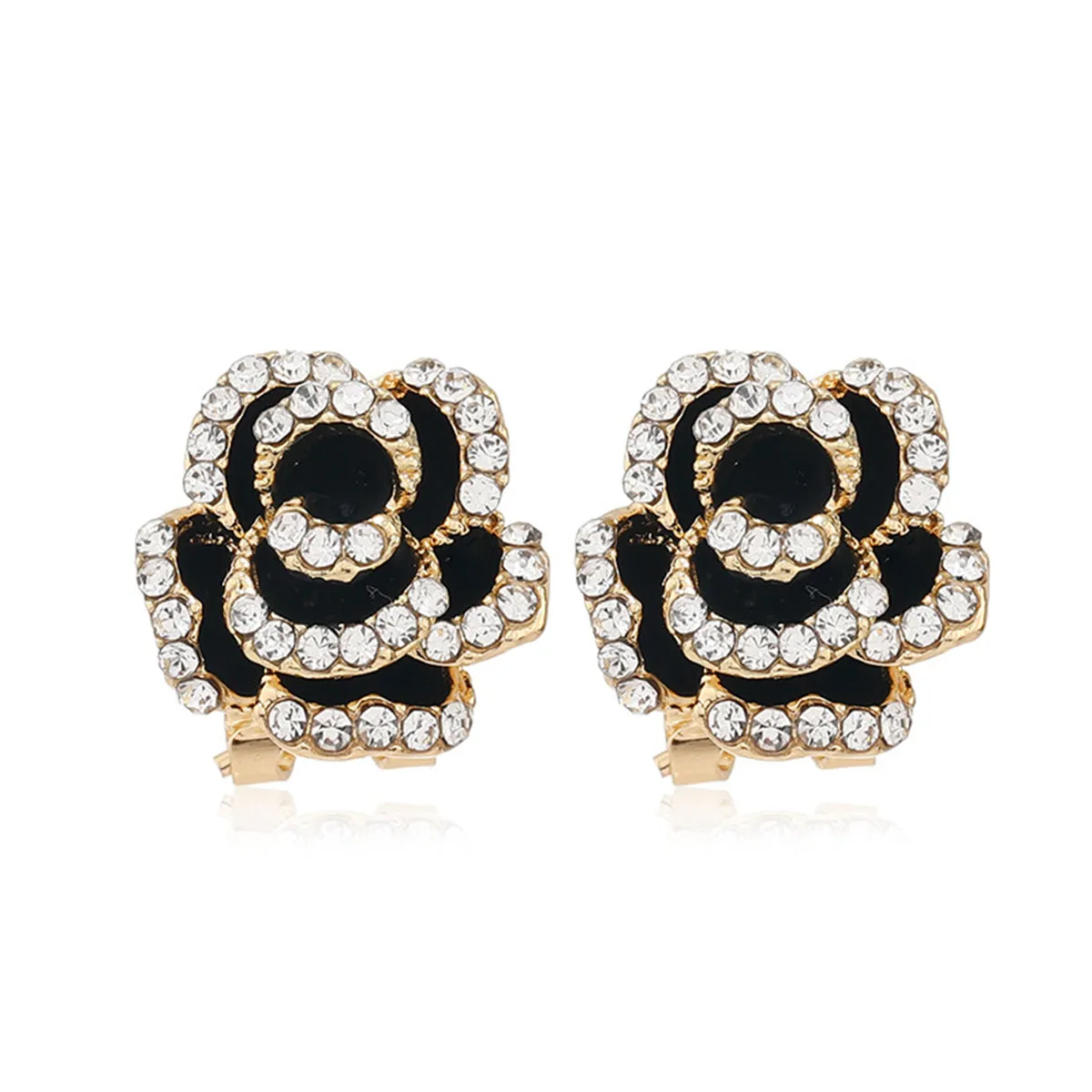 Cubic Zirconia & Black Enamel 18K Gold-Plated Peony Huggie Earrings