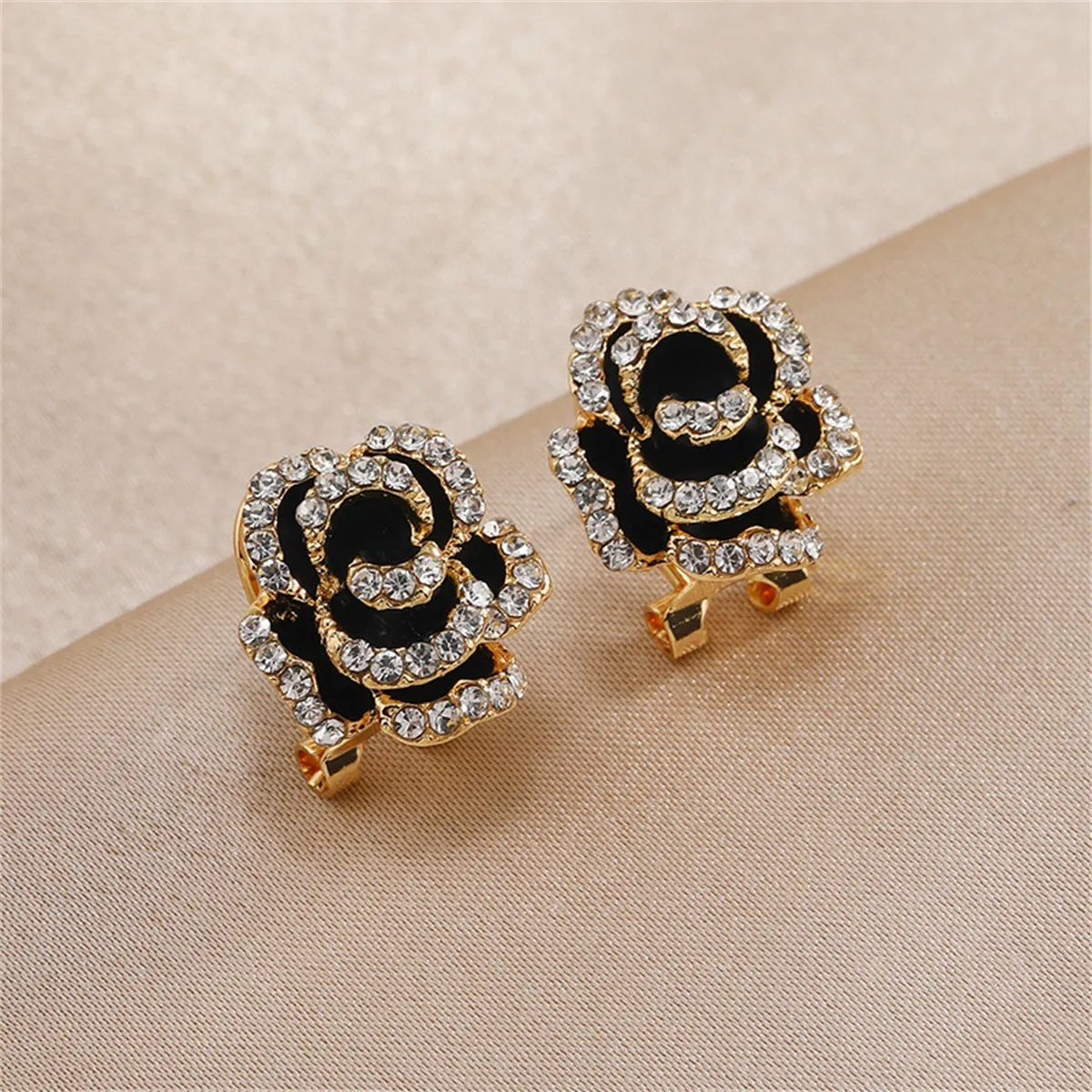 Cubic Zirconia & Black Enamel 18K Gold-Plated Peony Huggie Earrings