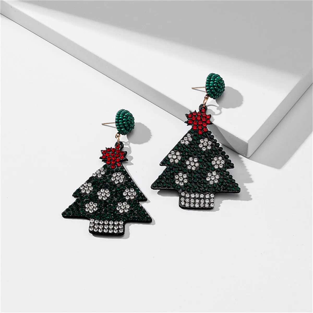 Cubic Zirconia & Black Polystyrene Christmas Tree Drop Earrings