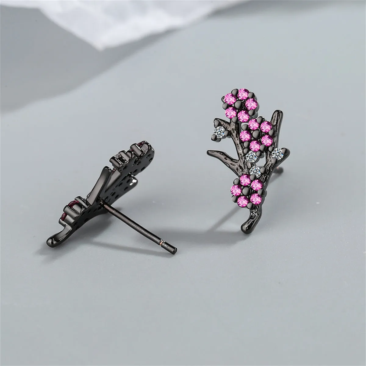 Cubic Zirconia & Black-Tone Plum Flower Stud Earrings